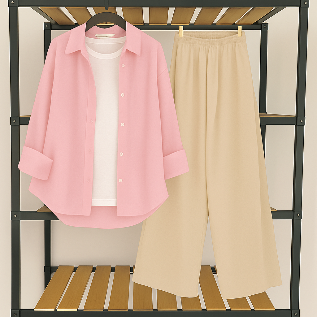 Pink button down with inner + skin flapper Trouser