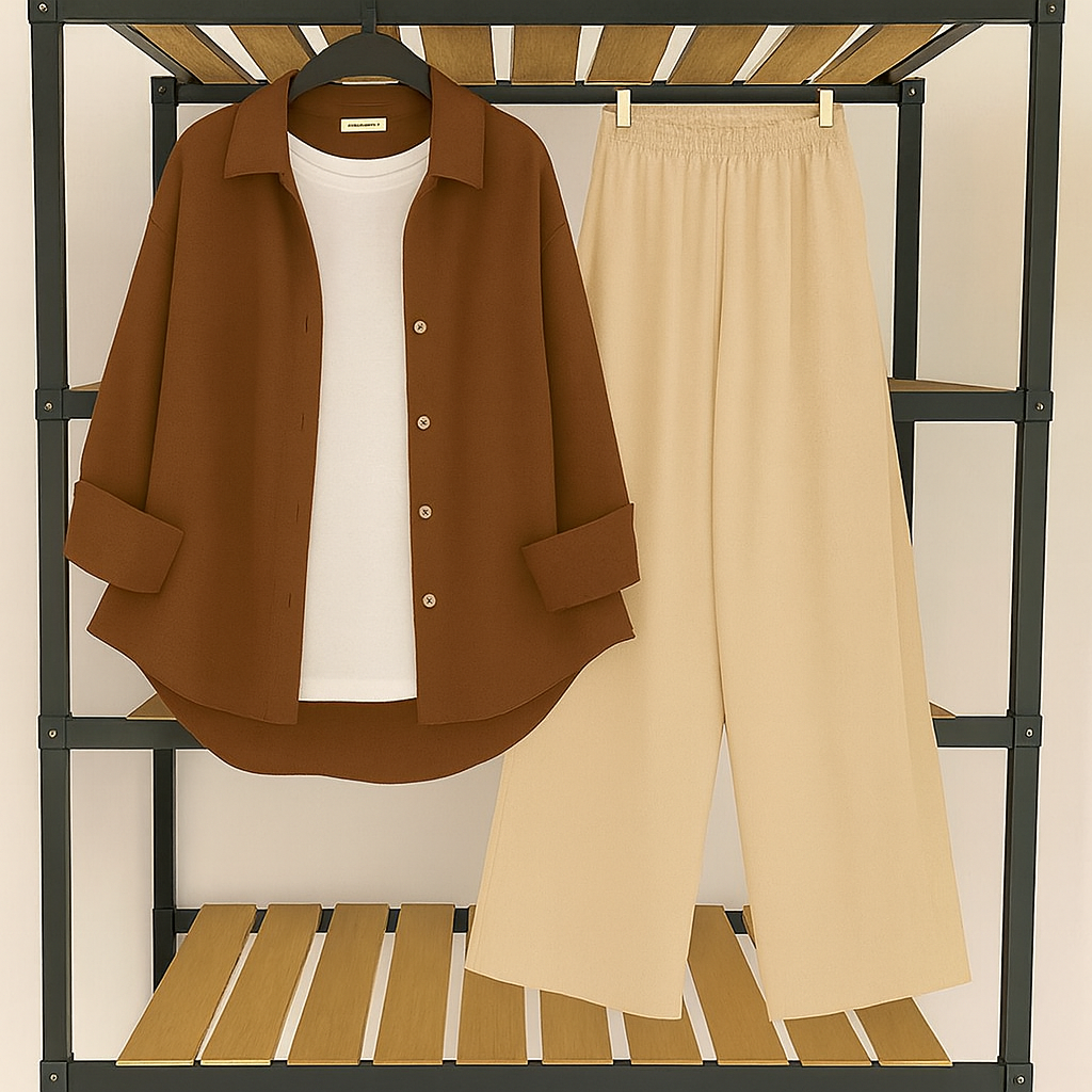 Brown button down with inner + Black Flapper Trouser