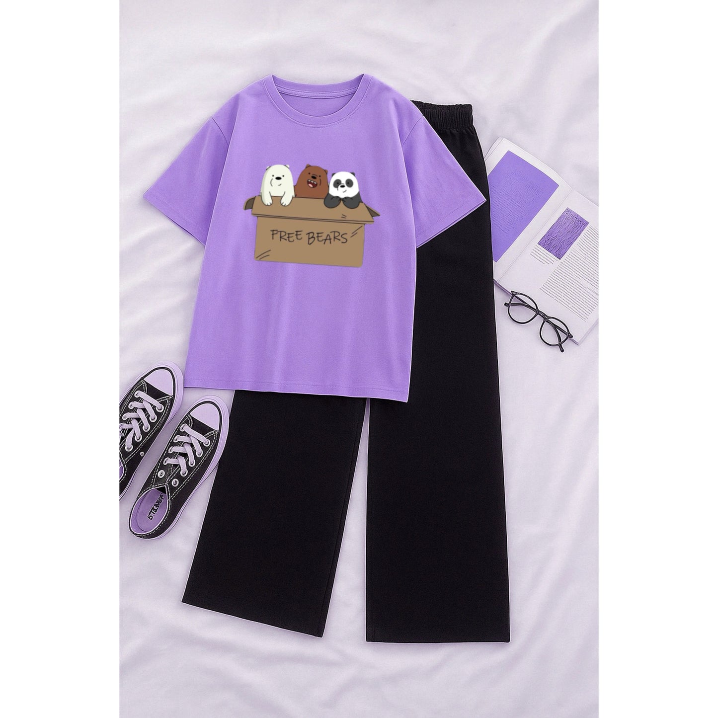 Free bear Lilac Tshirt With Black Flapper Tracksuit