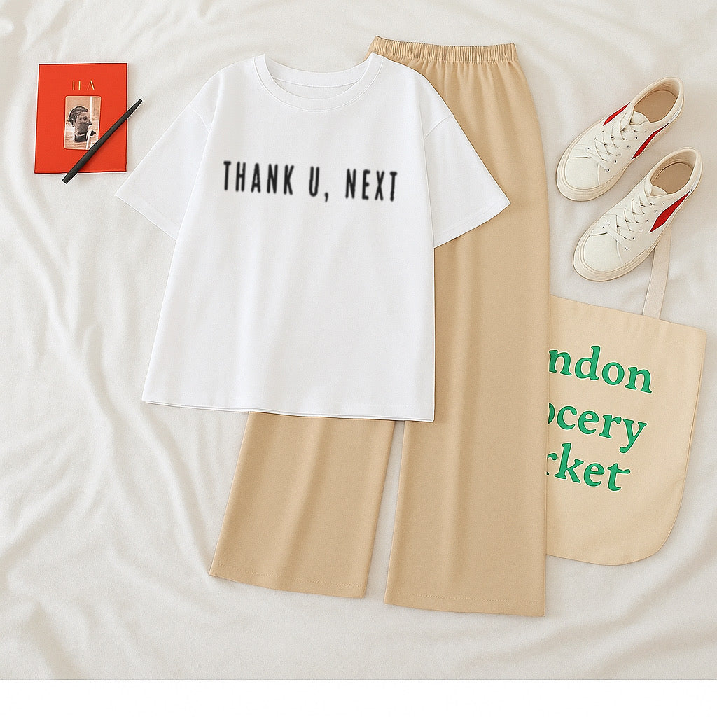 Pack of 2 White Thank U next Tshirt With Skin Flapper Trouser