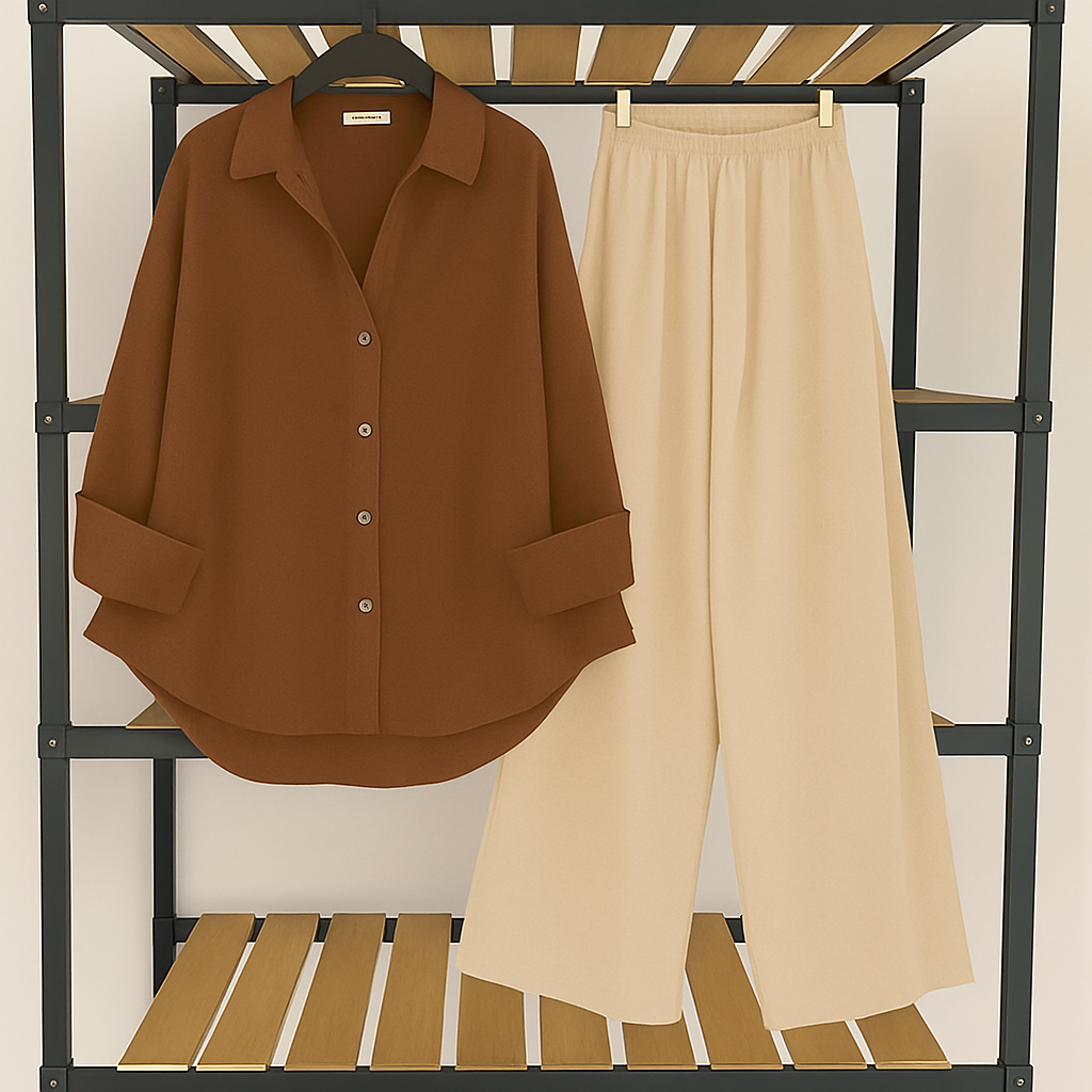 Brown button down with skin flapper Trouser