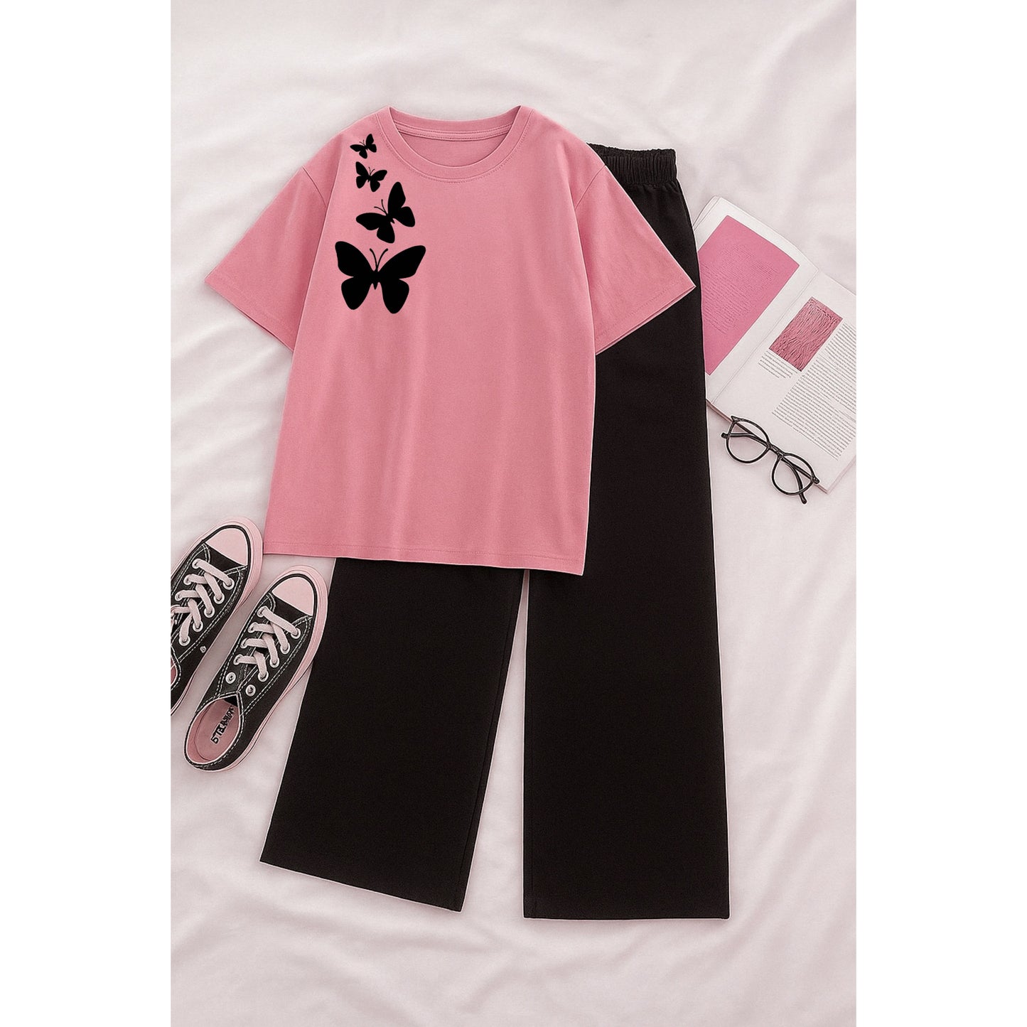 Shoulder 3Butterfly Pink Tshirt With Black Flapper Tracksuit