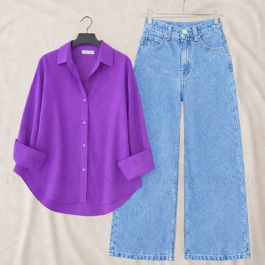 Pack of 2 purple Button down With sky  wide leg jeans