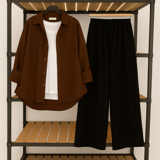 Brown Button Down Shirt With Inner + Black Flapper Trouser