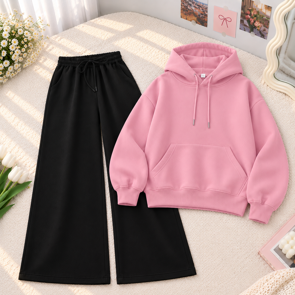Pink Hoodie With Black Flapper Tracksuit