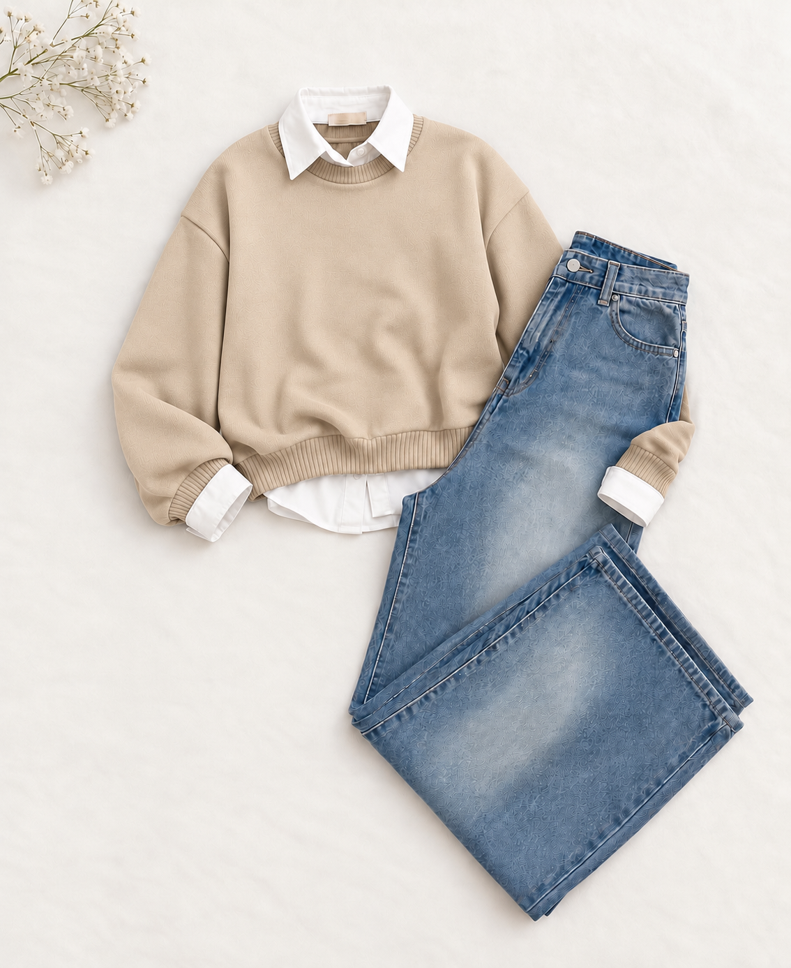 3-Piece Skin Sweatshirt, Button Down Shirt & Sky Vintage wide leg jeans