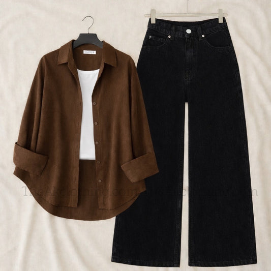 Pack of 3 Brown Button down + Inner With Black Wide leg Jeans