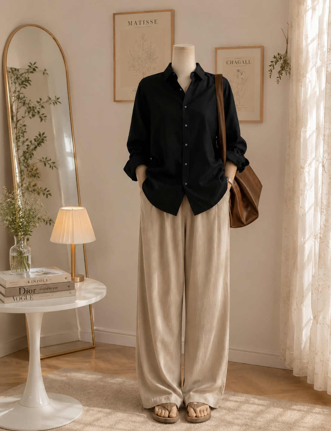 Black button down with Beige Flapper Trouser