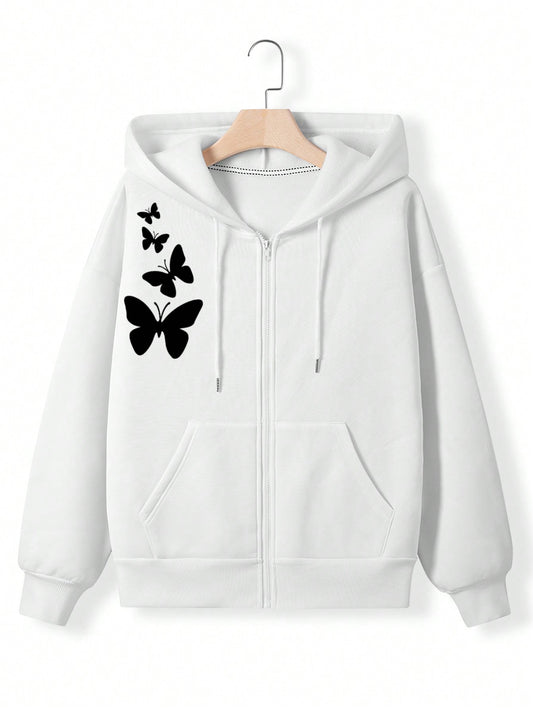 Zip-Up Hoodie White shoulder Butterfly