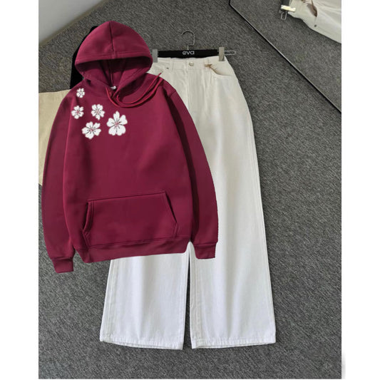 Shoulder flower maroon hoodie white wide leg jeans