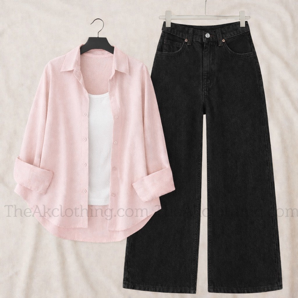 Pack of 3 pink Button down + Inner With Black Wide leg Jeans