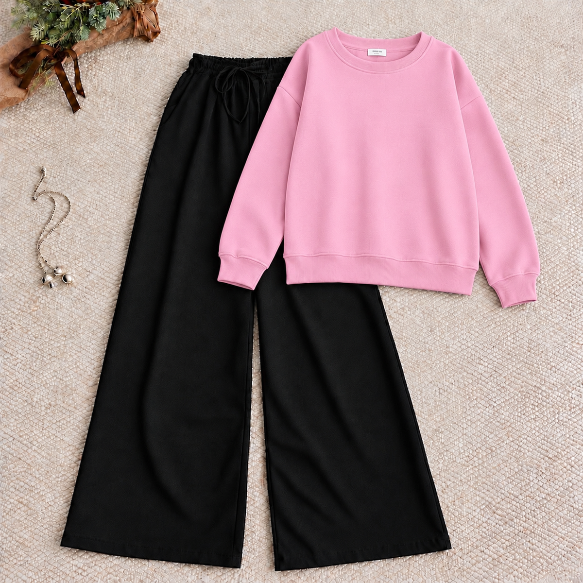 Pink Sweat Shirt With Black Flapper Trouser Tracksuit