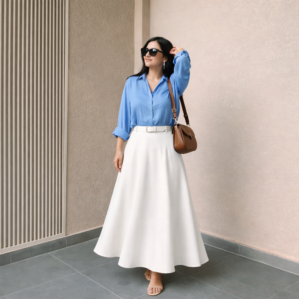 Pack of 2 sky Button down Shirt  + White Skirt