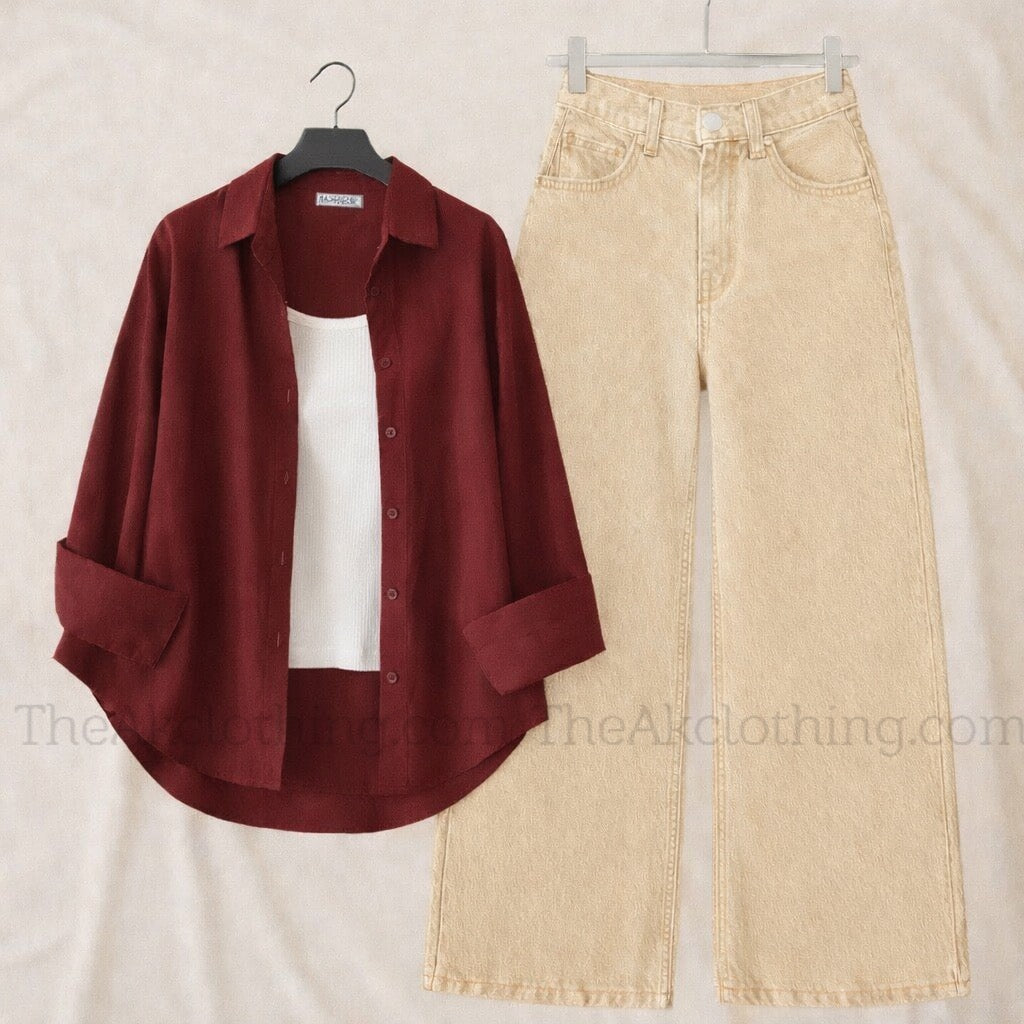 Pack of 3 Maroon Button down + Inner With Beige Wide leg Jeans