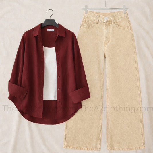 Pack of 3 Maroon Button down + Inner With Beige Wide leg Jeans