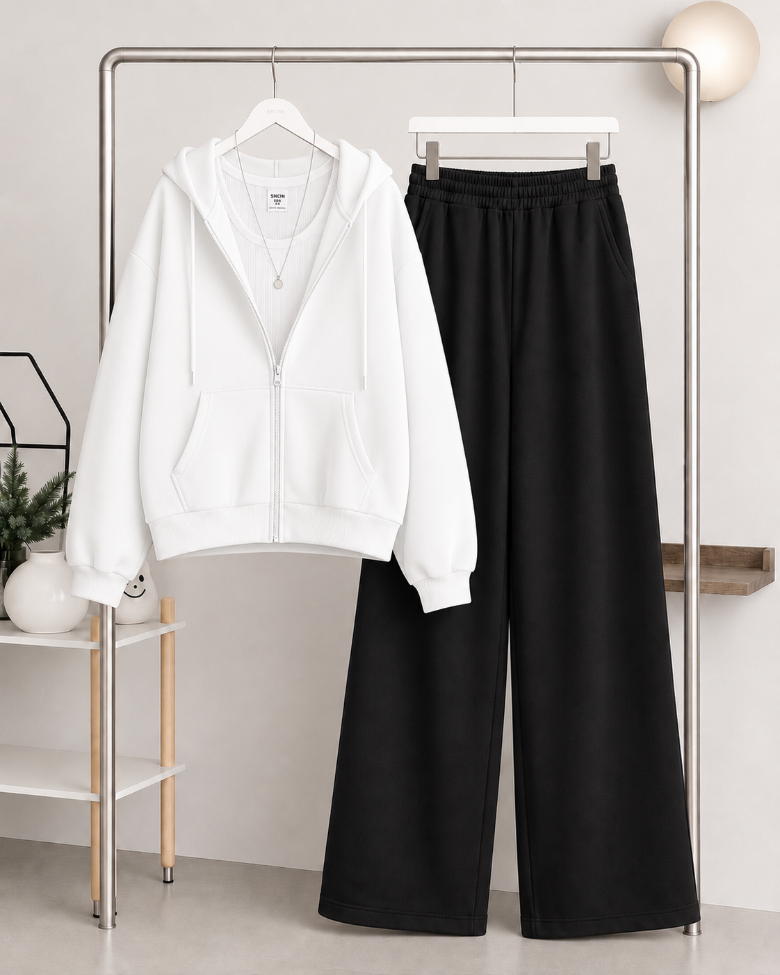 White Zipper + Inner with   Black Flapper Trouser Tracksuit