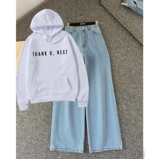 ThankU Next white hoodie Sky wide leg jeans