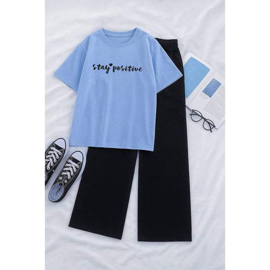 Stay positive Sky Tshirt With Black Flapper Tracksuit
