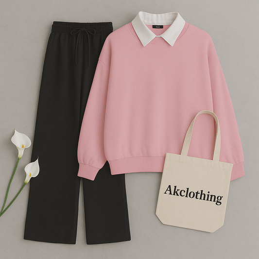 Pink Collar Sweatshirt with Black Flapper Trouser