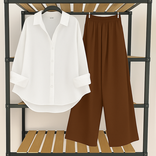 White button down with Brown Flapper Trouser