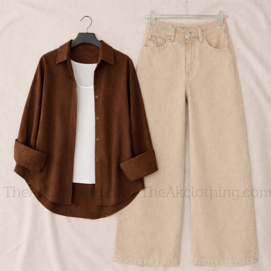 Pack of 3 Brown Button down + Inner With Beige Wide leg Jeans