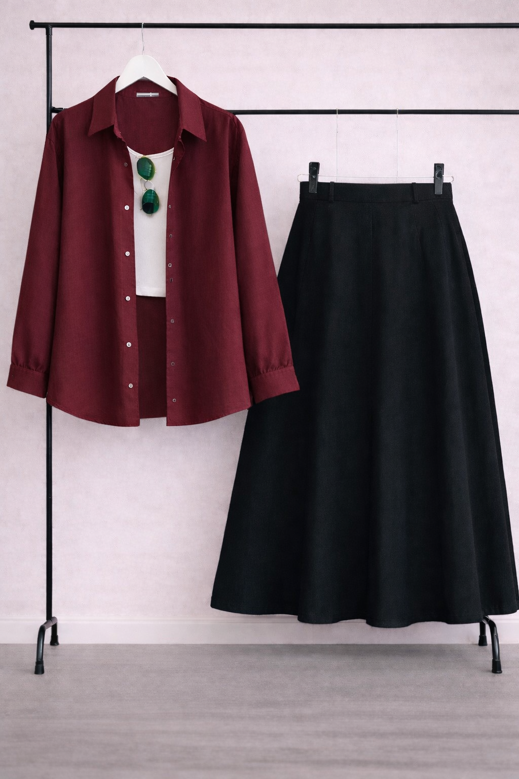 Pack of 3 maroon  Button down + Tanktop  With Black Skirt