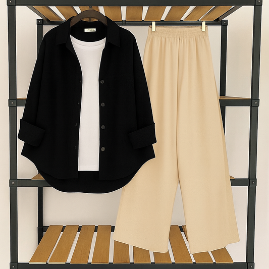 Black button down with inner + skin flapper Trouser