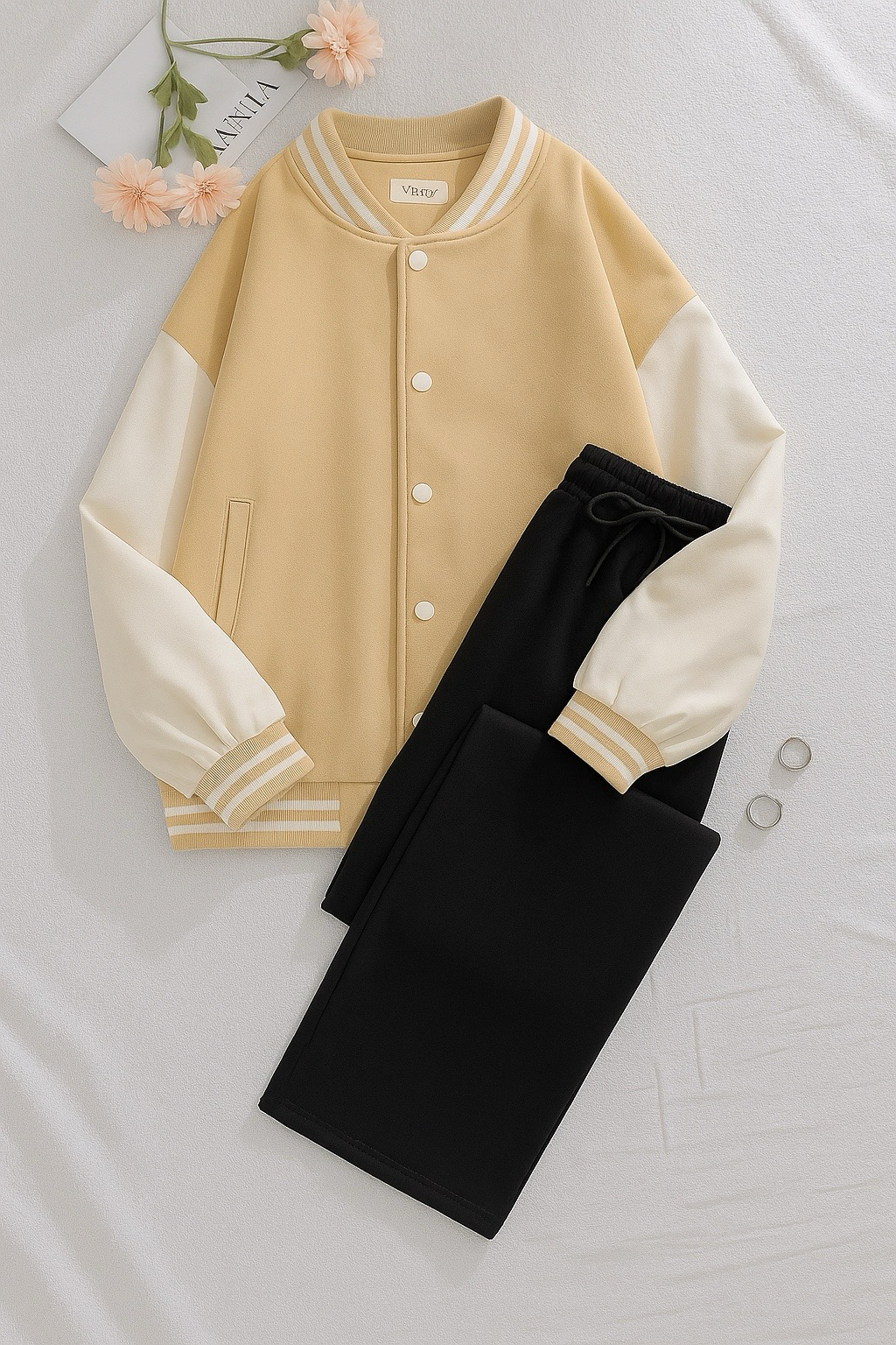 Skin varsity Jacket With black Flapper Trouser