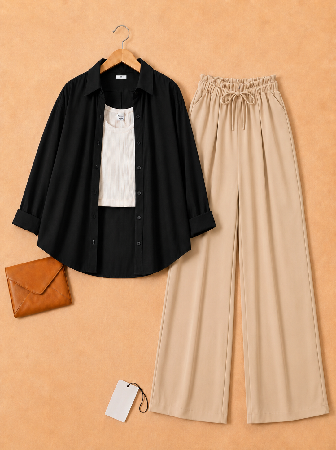 Black button down with inner + Beige flapper Trouser