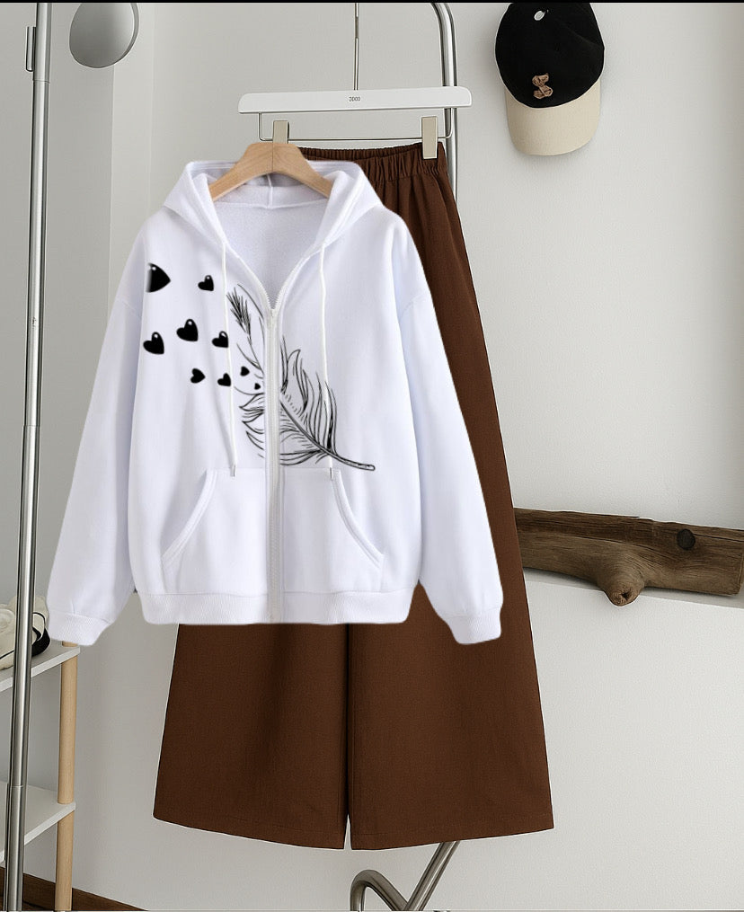 Feather heart Zipper Hoodie with Brown  Flapper Trouser Tracksuit – white