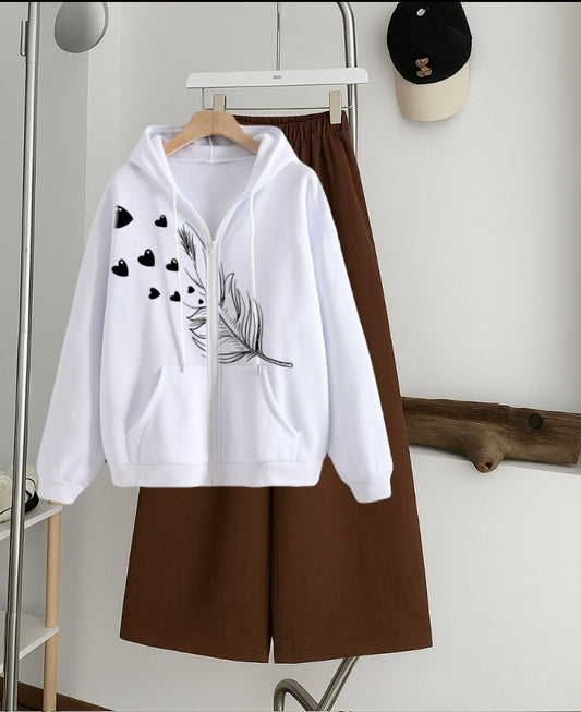 Feather heart Zipper Hoodie with Brown  Flapper Trouser Tracksuit – white