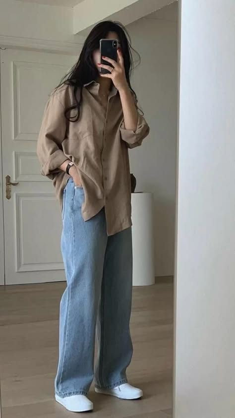 Beige button down with sky wide leg jeans combo