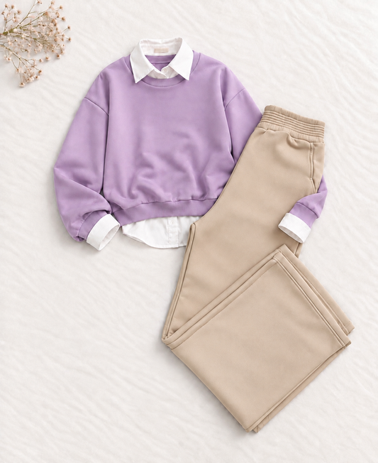 3-Piece Lilac Sweatshirt, Button Down Shirt & Beige Flapper Trouser Set