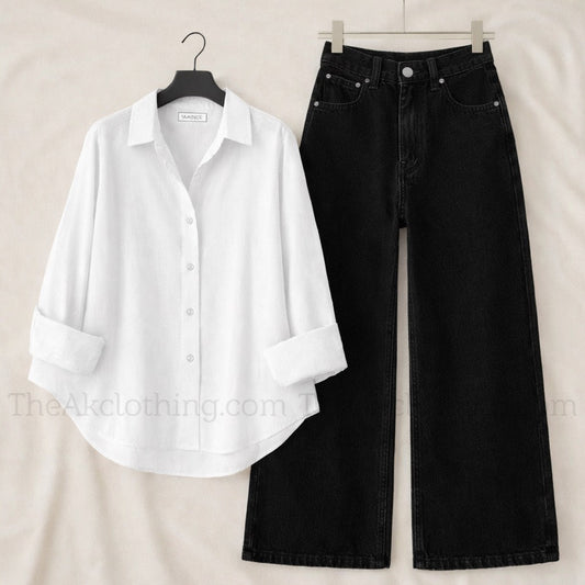 Pack of 2 White Button down With Black Wide leg Jeans