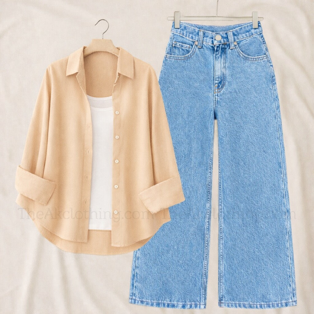 Pack of 3 Skin Button down + Inner With Sky Wide leg Jeans