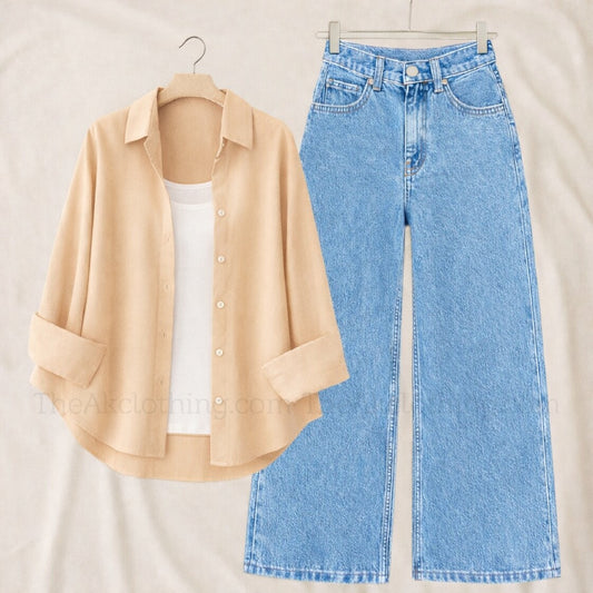 Pack of 3 Skin Button down + Inner With Sky Wide leg Jeans