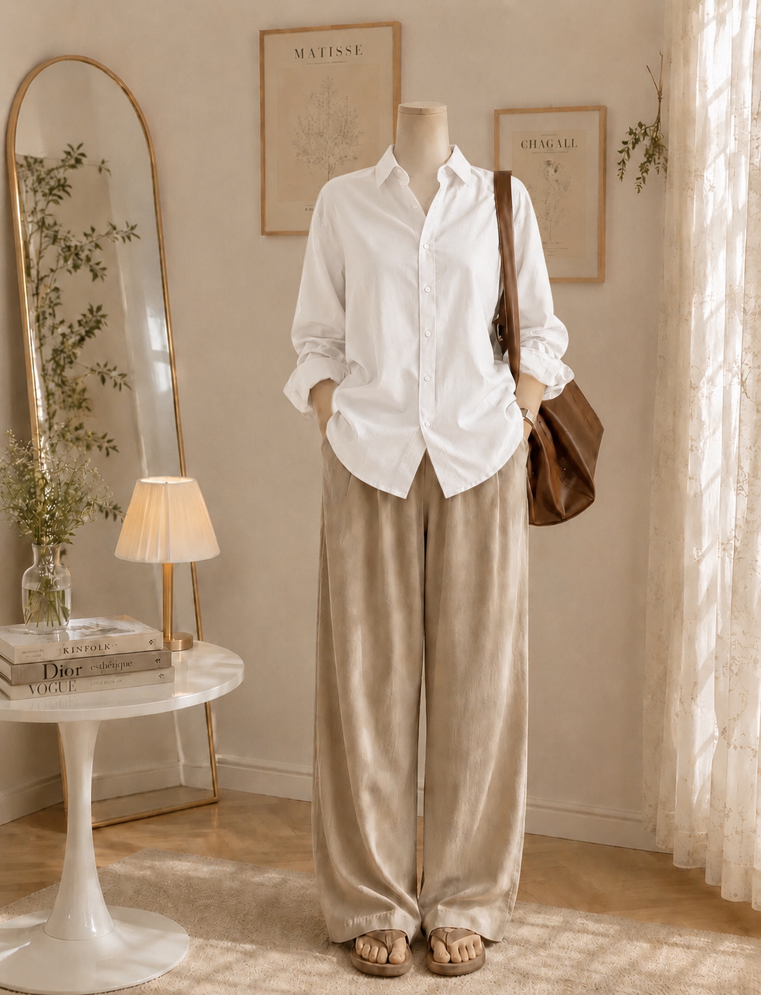 White button down with Beige Flapper Trouser
