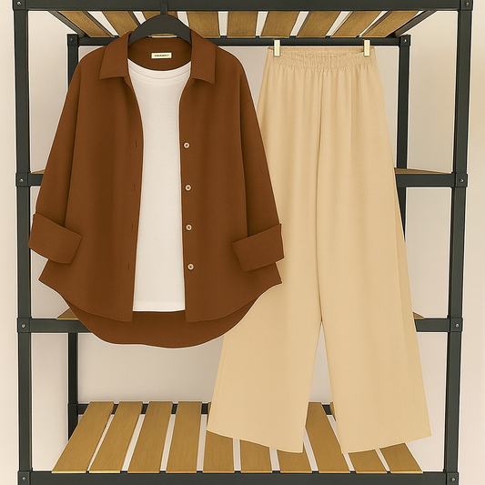 Brown button down with inner + Black Flapper Trouser