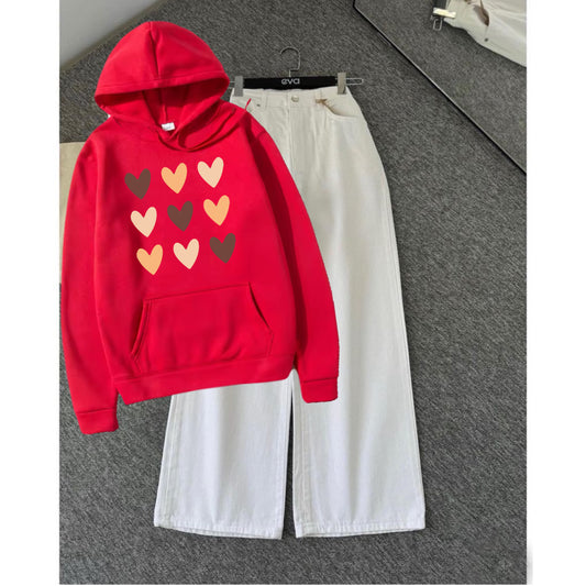 Multi hearts red hoodie white wide leg jeans