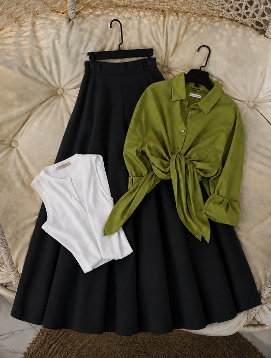 Pack of 3 of Olive Button down with tank top + Black Skirt