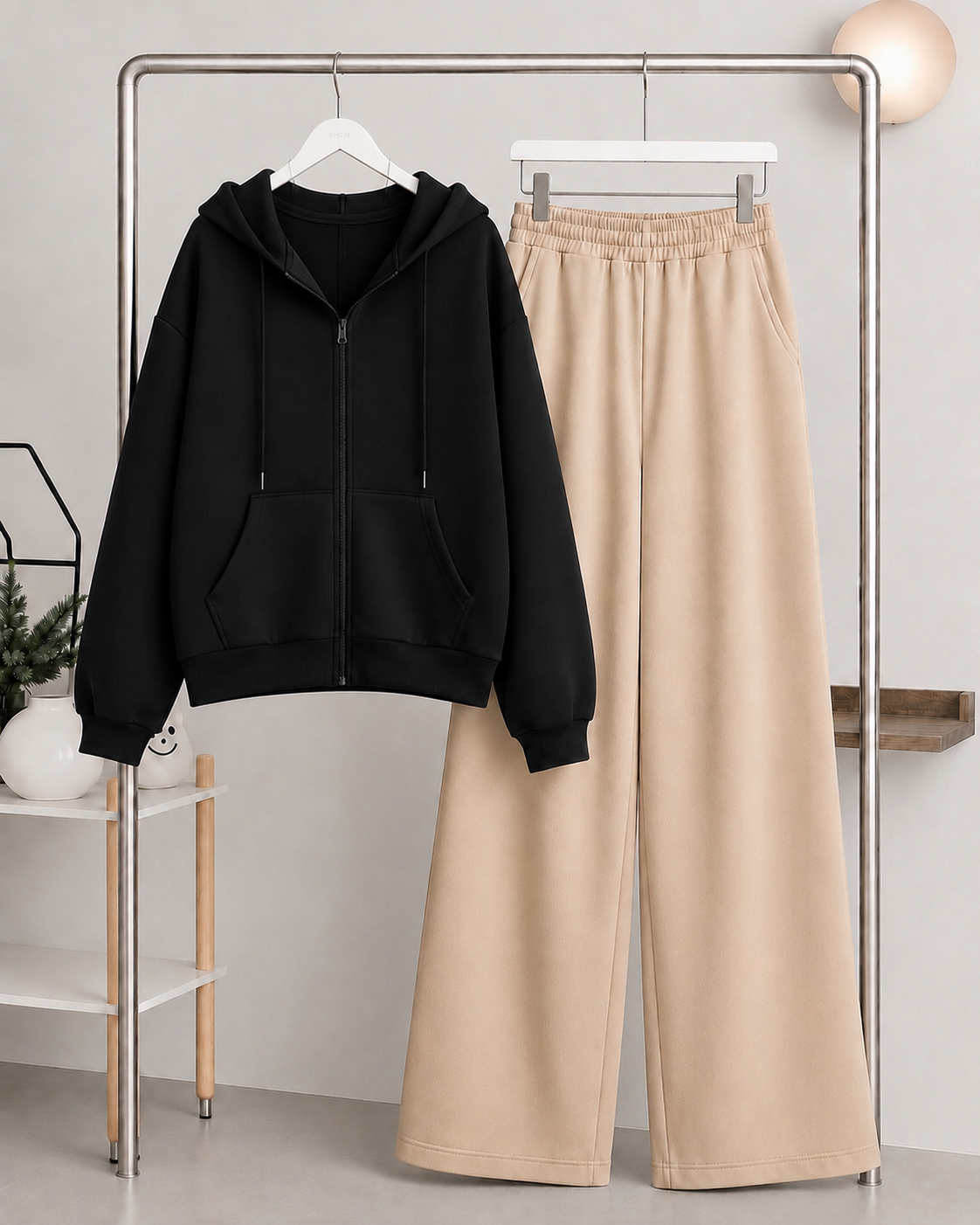 Black Zipper Hoodie with  Skin Flapper Trouser Tracksuit