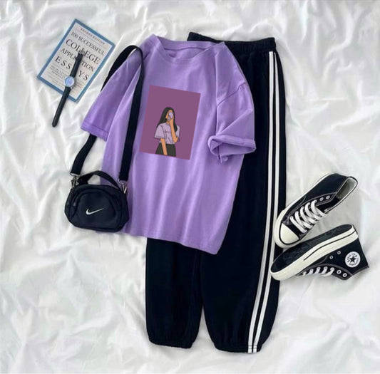 Selfie girl lilac black strip trouser summer tracksuit