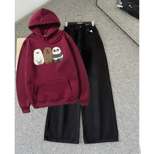 3 bear maroon hoodie black wide leg jeans