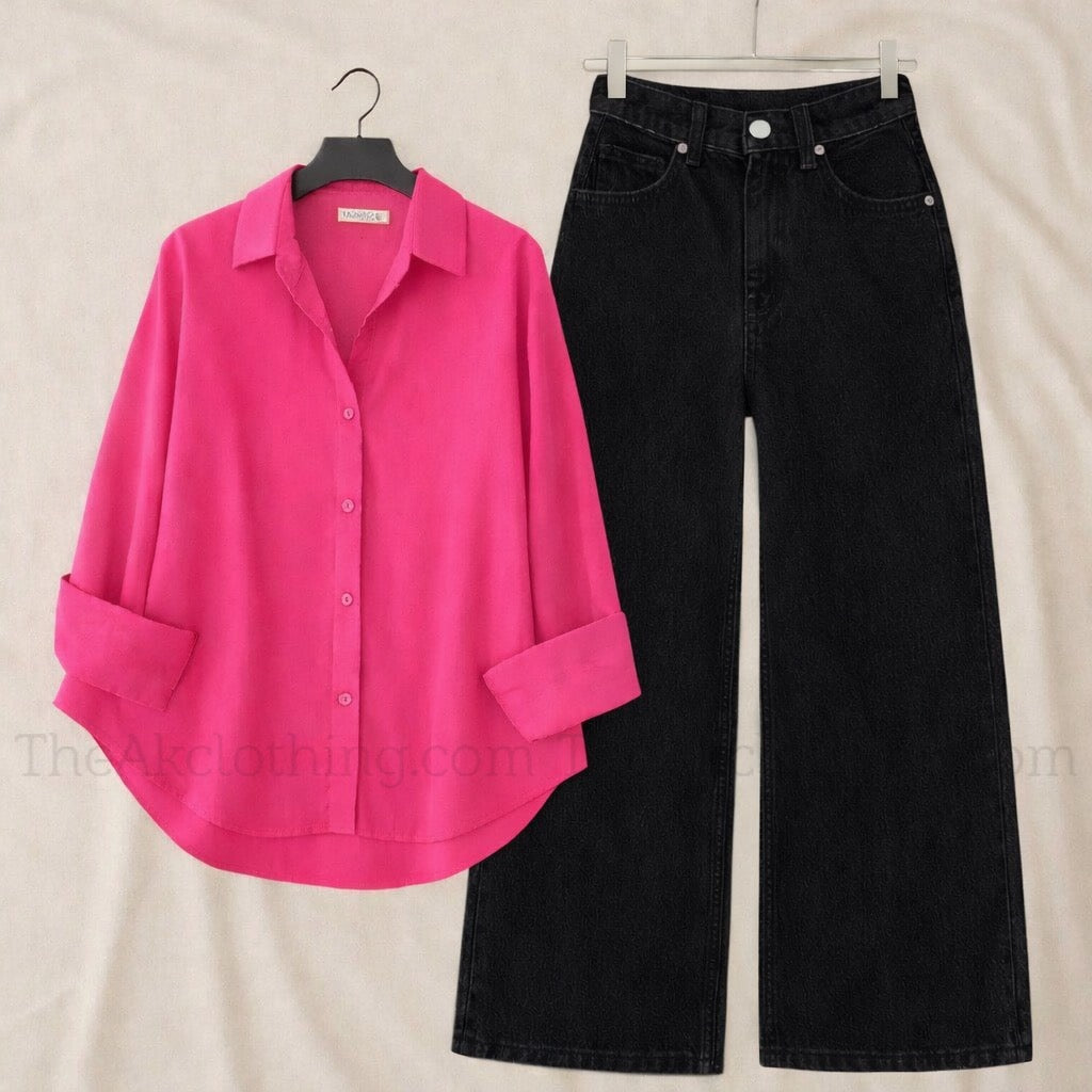 Pack of 2 shocking pink Button down With Black Wide leg Jeans