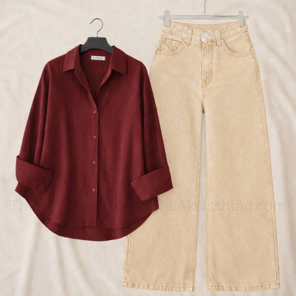 Pack of 2 Maroon Button  down With Beige Wide leg Jeans