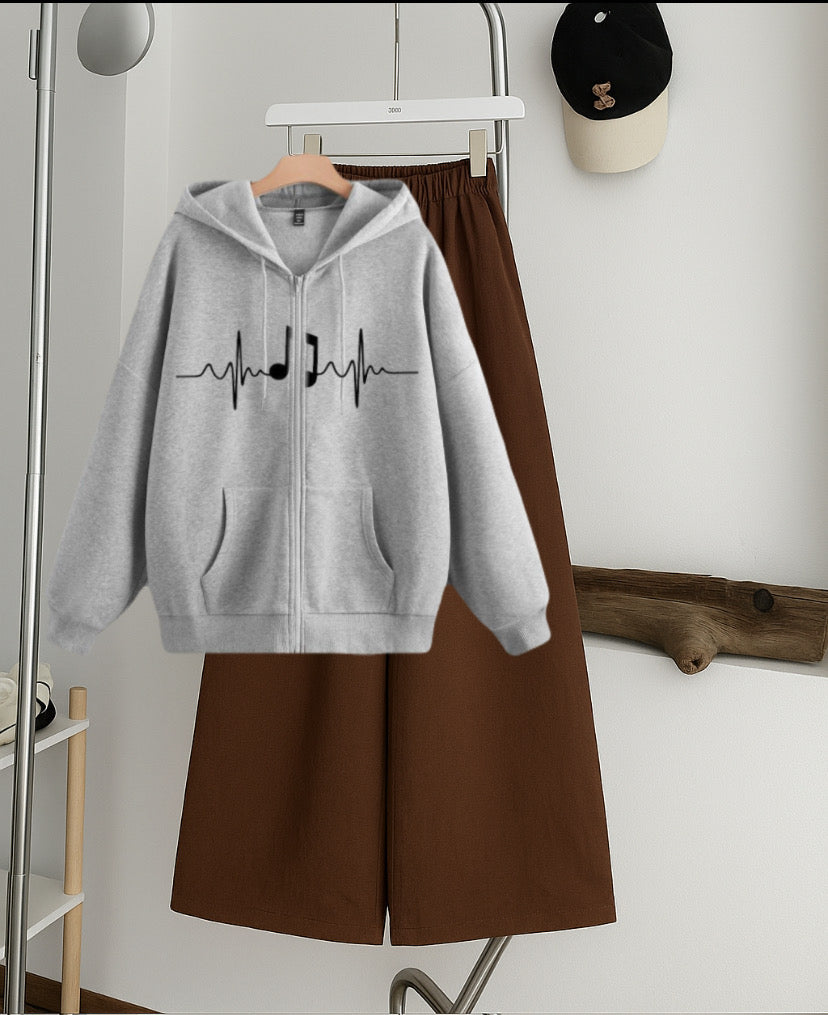 Heart beat Heart Zipper Hoodie with Brown  Flapper Trouser Tracksuit – Grey
