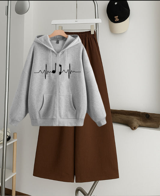 Heart beat Heart Zipper Hoodie with Brown  Flapper Trouser Tracksuit – Grey