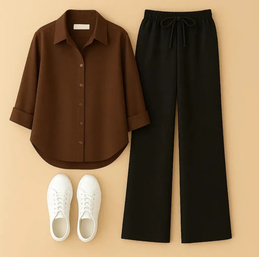 Brown Button Down with Black Flapper Cordset