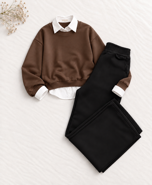 3-Piece Brown Sweatshirt, Button Down Shirt & Black Flapper Trouser Set