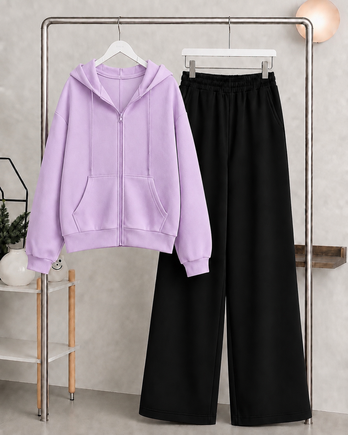 Lilac Zipper Hoodie with   Black Flapper Trouser Tracksuit